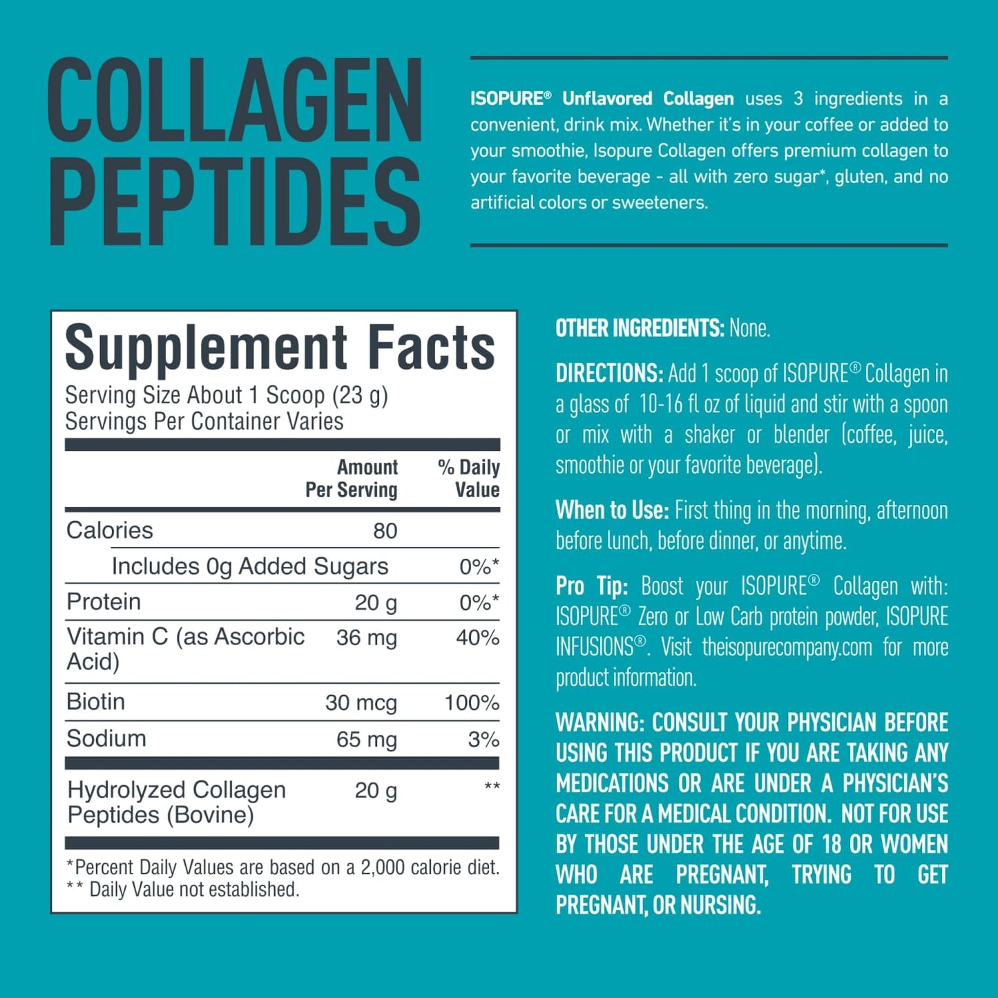Isopure Collagen Peptides Powder with Vitamin C, Unflavored - Lactose & Gluten Free - 20g Per Serving - 11.36 Oz - 14 Servings