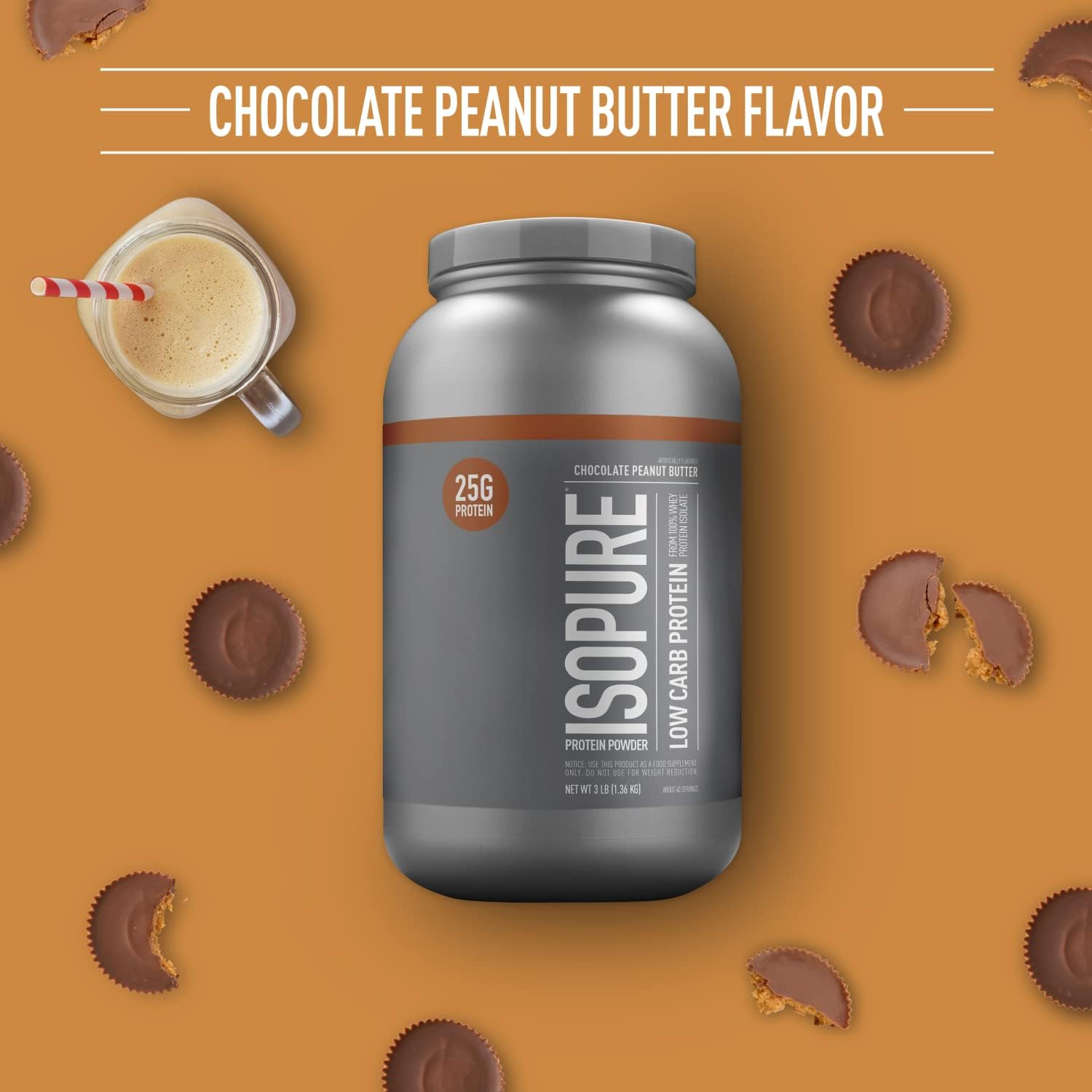 Isopure Low Carb Chocolate Peanut Butter Whey Isolate Protein Powder - Lactose & Gluten Free, 25g Protein Per Serving - 3 Lbs, 40 Servings