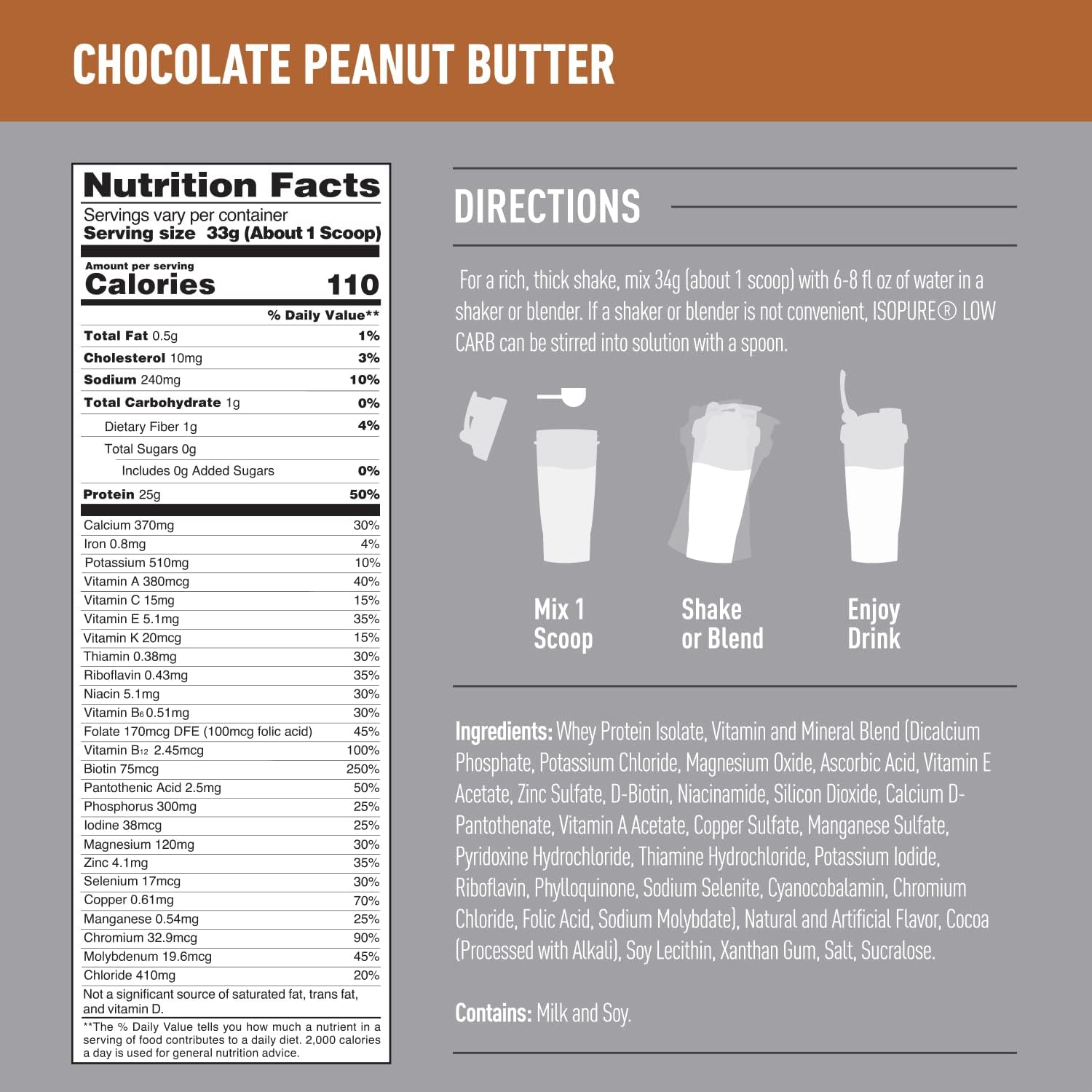 Isopure Low Carb Chocolate Peanut Butter Whey Isolate Protein Powder - Lactose & Gluten Free, 25g Protein Per Serving - 3 Lbs, 40 Servings