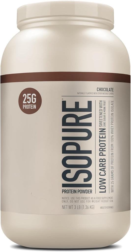 Isopure Low Carb Chocolate Whey Protein Powder - 100% Pure Isolate, Gluten & Lactose Free, 25g Protein, 3lbs, 39 Servings