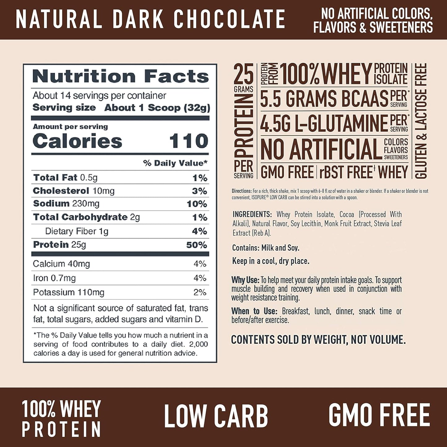 Isopure Low Carb Dark Chocolate Whey Isolate Protein Powder - 25g Protein Per Serving - Lactose and Gluten Free - 1 Lb Size - 14 Servings