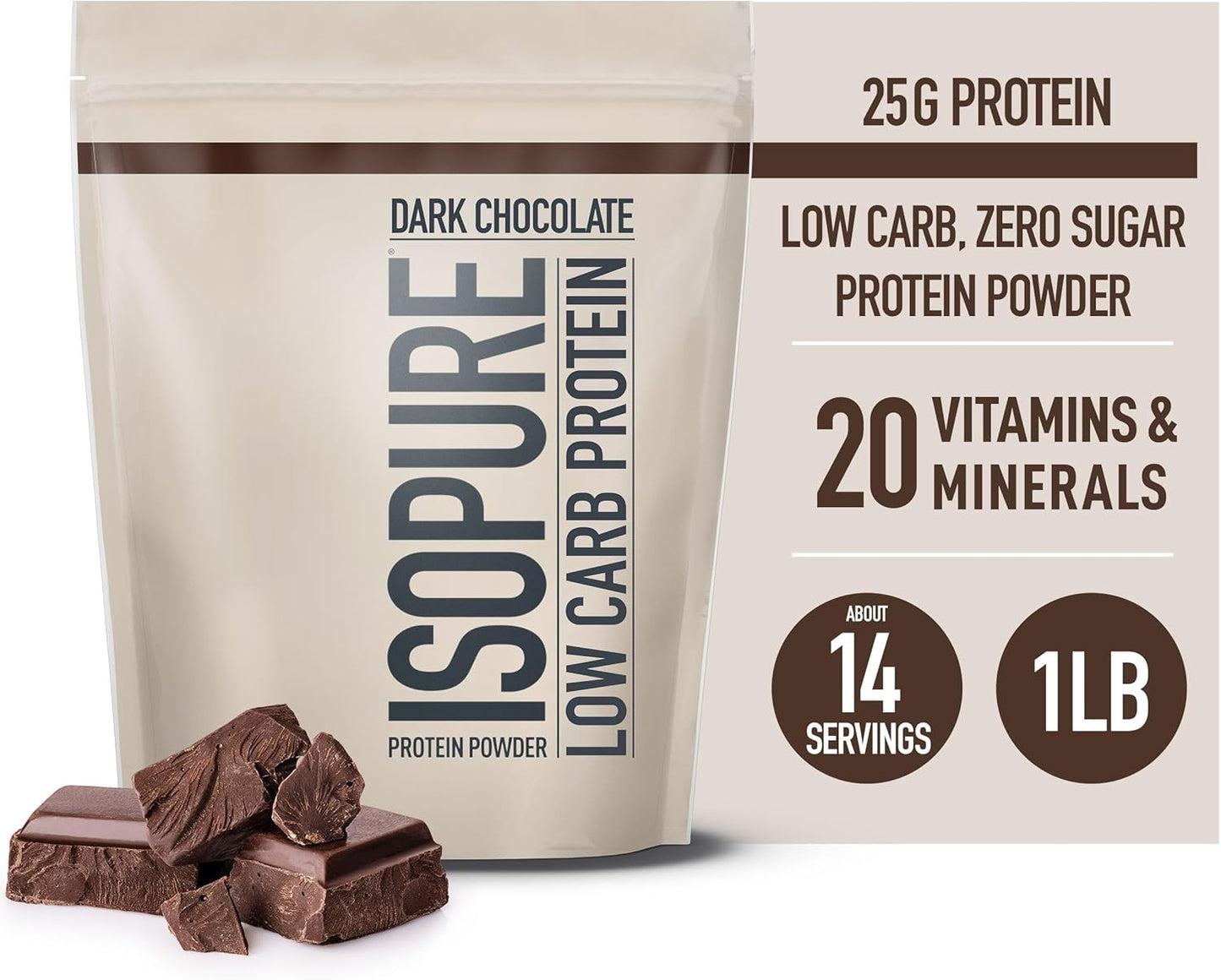 Isopure Low Carb Dark Chocolate Whey Isolate Protein Powder - 25g Protein Per Serving - Lactose and Gluten Free - 1 Lb Size - 14 Servings