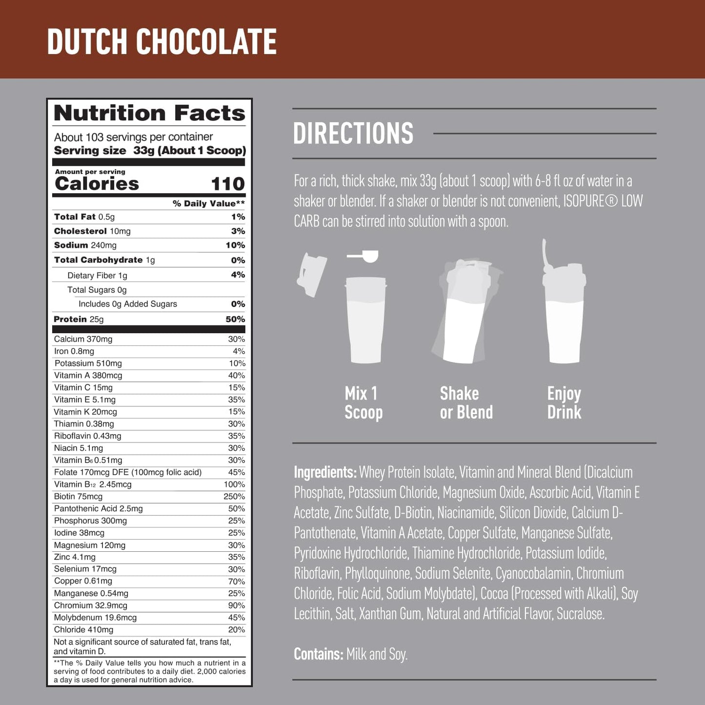 Isopure Low Carb Dutch Chocolate Whey Protein Powder - 7.5lbs, 103 Servings, 25g Protein, Lactose & Gluten Free, Fortified with Vitamins