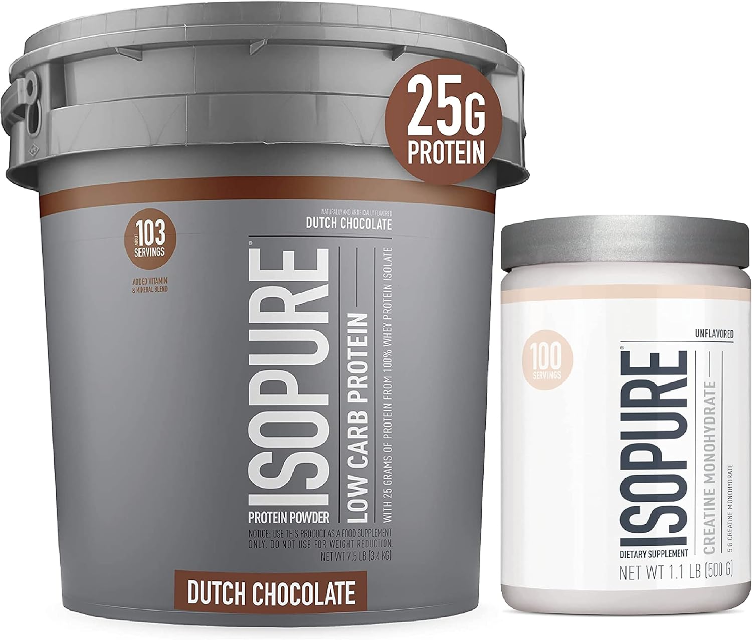 Isopure Low Carb Protein Powder with Creatine - 500g Unflavored, Keto-Friendly Whey Isolate Protein - Dutch Chocolate Flavor - 7.5lbs