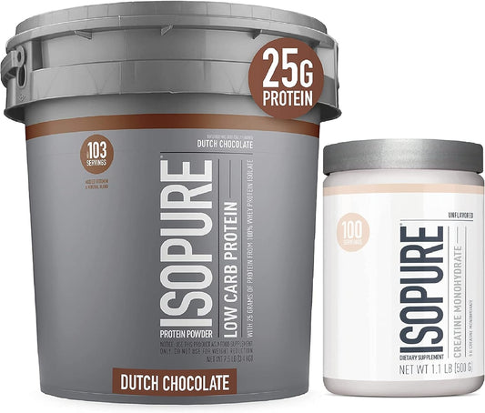 Isopure Low Carb Protein Powder with Creatine - 500g Unflavored, Keto-Friendly Whey Isolate Protein - Dutch Chocolate Flavor - 7.5lbs