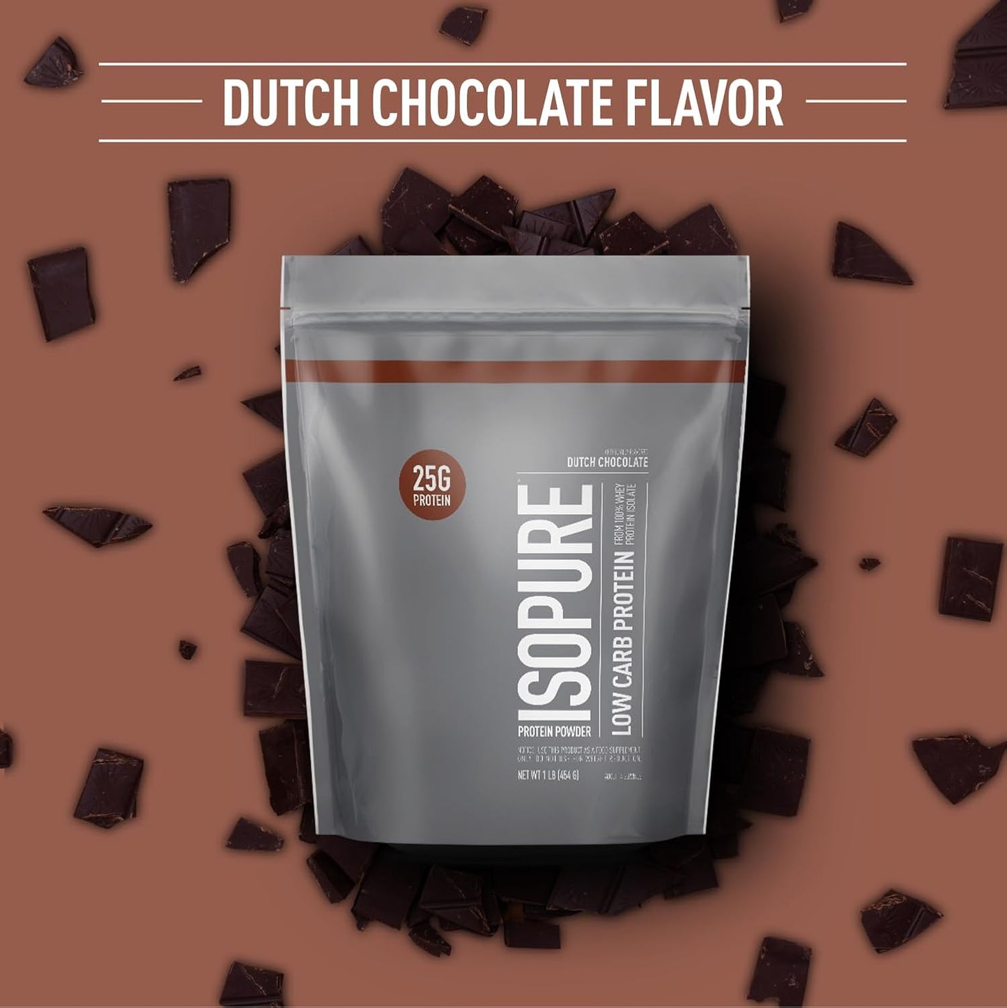 Isopure Low Carb Whey Isolate Protein Powder, Dutch Chocolate Flavor, 25g Protein, 1 Lb - Lactose & Gluten Free, With Vitamins