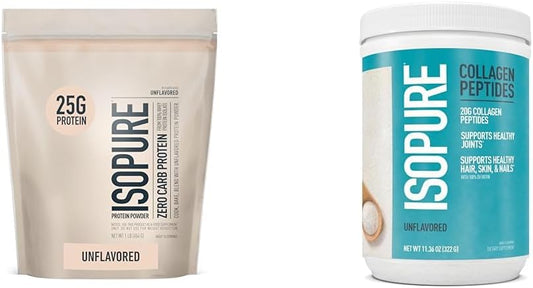 Isopure Unflavored Whey Protein Isolate Bundle with Collagen Peptides Powder - 25g Protein, Zero Carb, 16 Servings + 14 Servings, 1lb