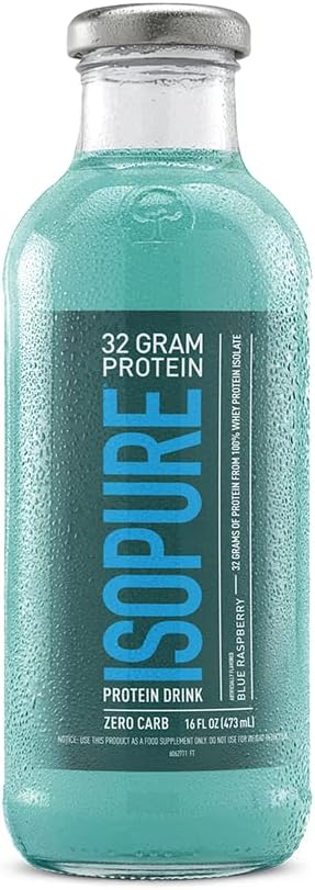 Isopure Zero Carb Blue Raspberry Whey Protein Isolate Drink, 32g Protein, 16 Fl Oz (12 Pack)