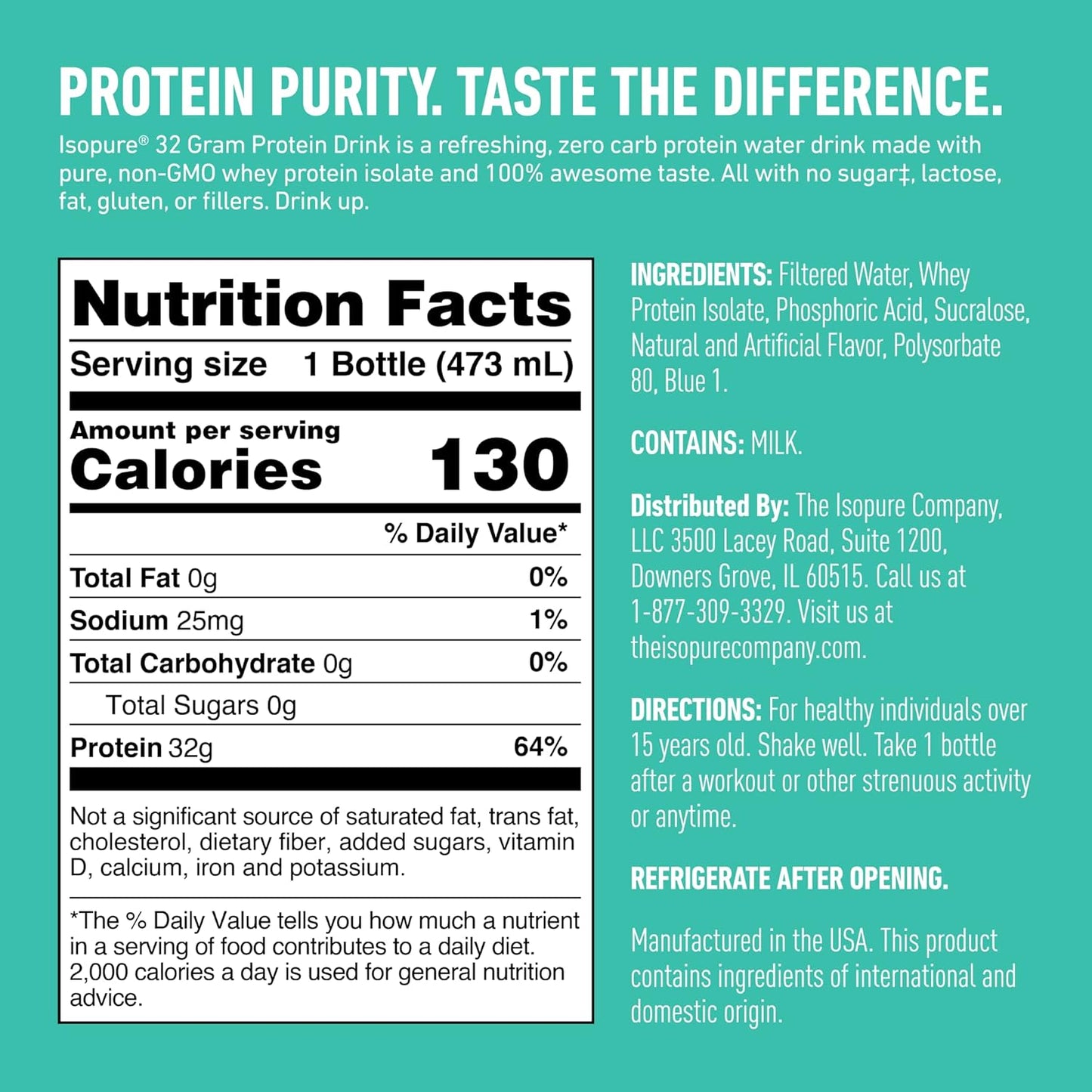 Isopure Zero Carb Blue Raspberry Whey Protein Isolate Drink, 32g Protein, 16 Fl Oz (12 Pack)