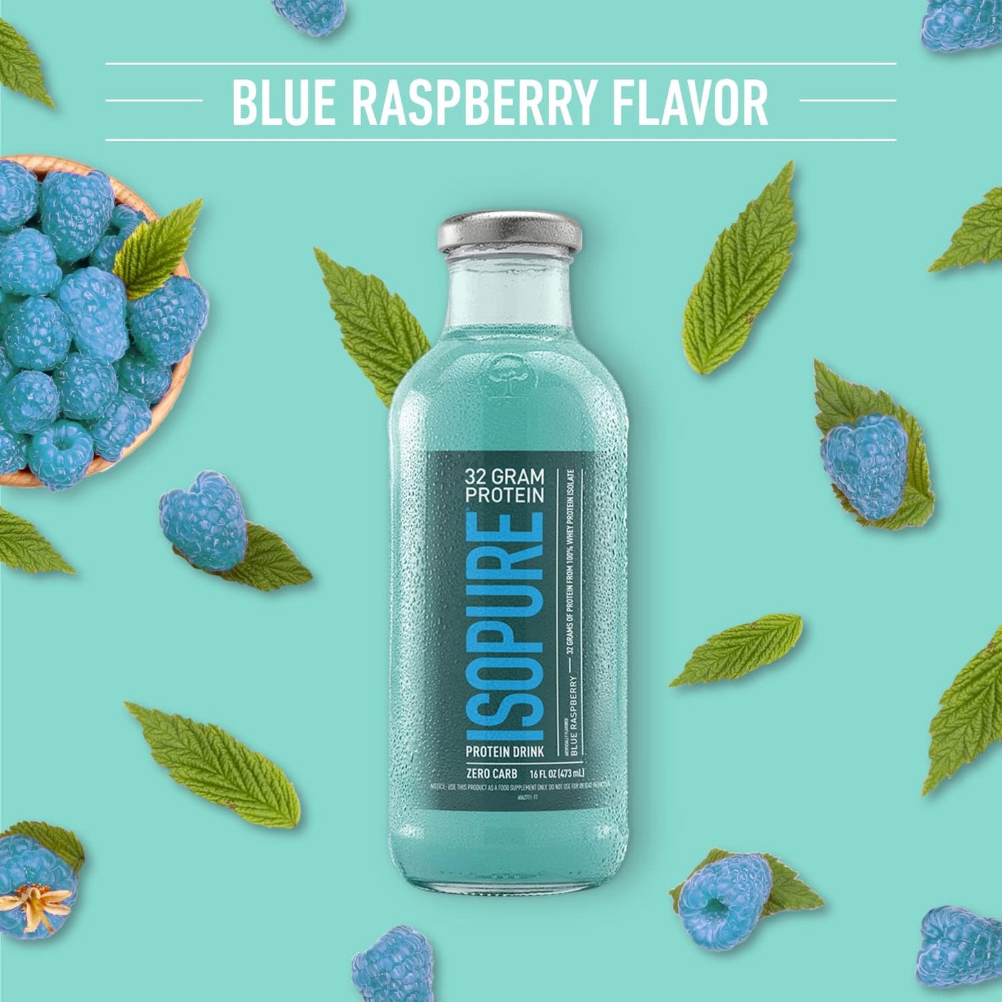 Isopure Zero Carb Blue Raspberry Whey Protein Isolate Drink, 32g Protein, 16 Fl Oz (12 Pack)