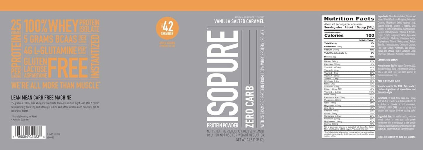 Isopure Zero Carb Vanilla Salted Caramel Whey Isolate Protein Powder - 3 Lbs, 25g Protein, Lactose & Gluten Free