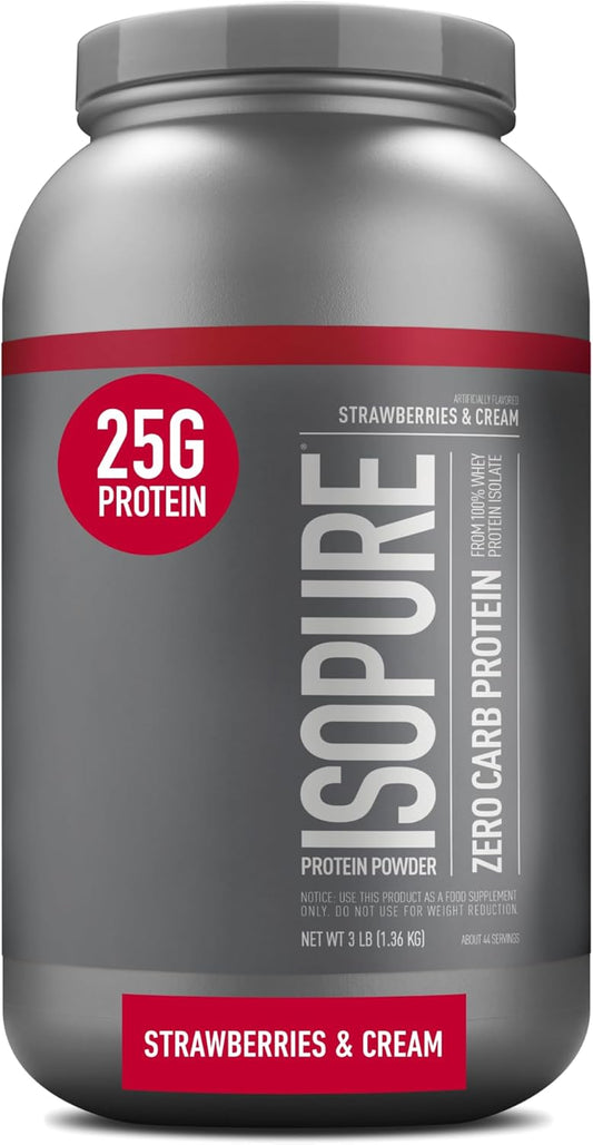 Isopure Zero Carb Whey Isolate Protein Powder - Strawberries & Cream Flavor - 25g Protein Per Serving - 3 Lbs - 44 Servings - Lactose & Gluten Free - With Vitamins