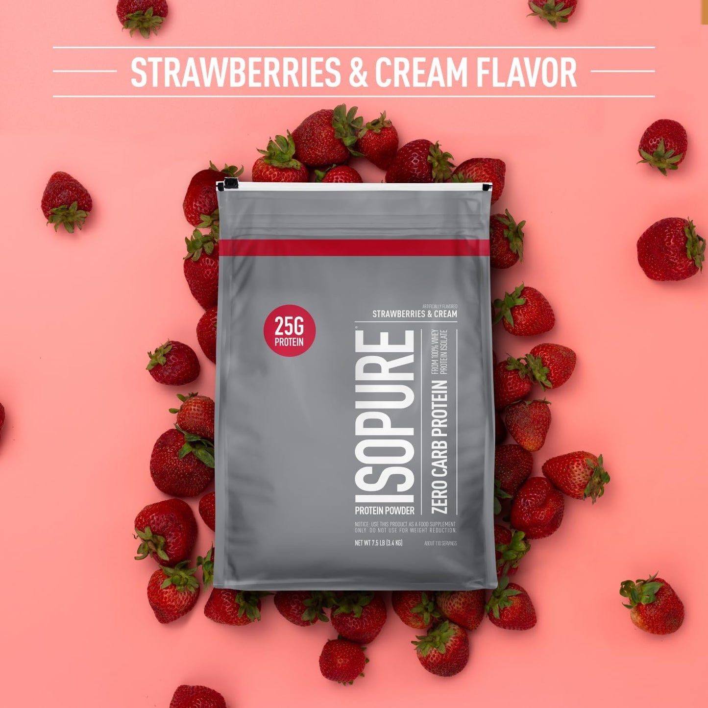 Isopure Zero Carb Whey Isolate Protein Powder - Strawberries & Cream, Lactose Free, Gluten Free, 25g Protein Per Serving, 7.5 Lbs, 110 Servings
