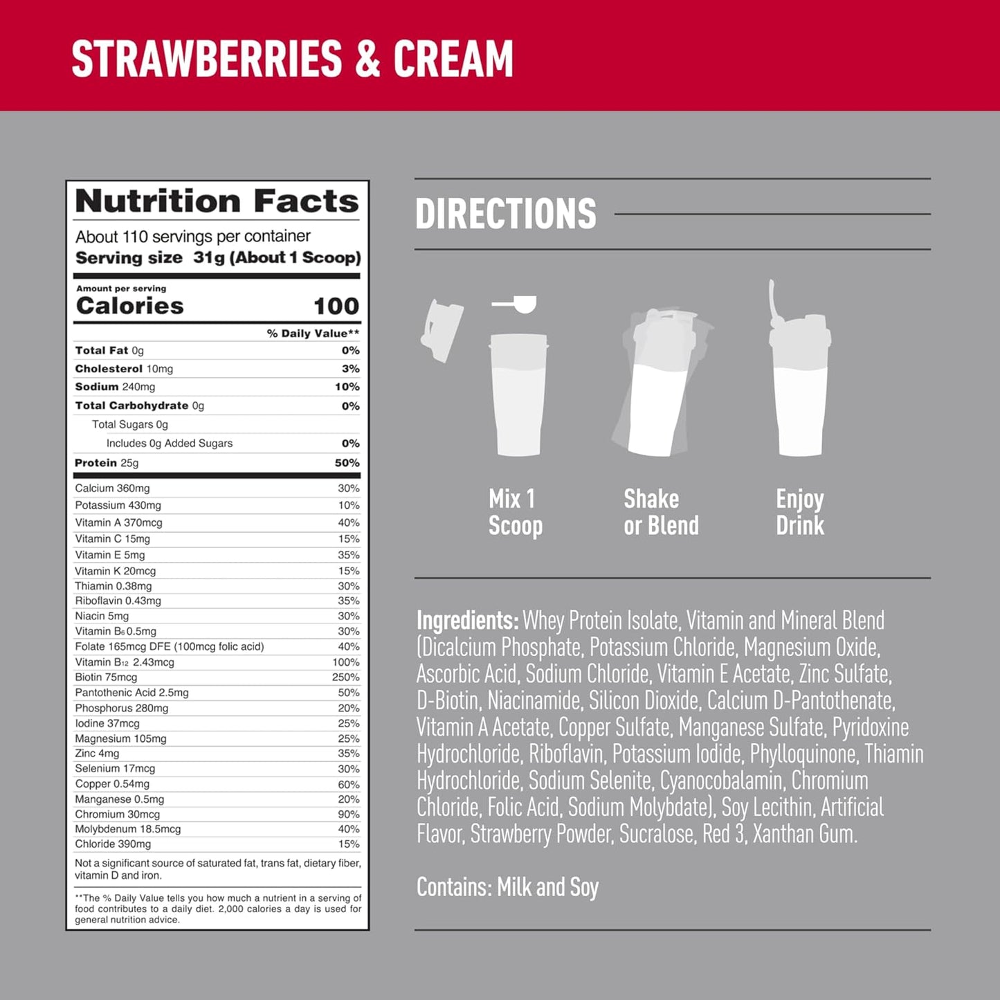 Isopure Zero Carb Whey Isolate Protein Powder - Strawberries & Cream, Lactose Free, Gluten Free, 25g Protein Per Serving, 7.5 Lbs, 110 Servings