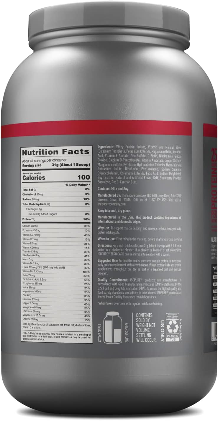 Isopure Zero Carb Whey Isolate Protein Powder - Strawberries & Cream Flavor - 25g Protein Per Serving - 3 Lbs - 44 Servings - Lactose & Gluten Free - With Vitamins