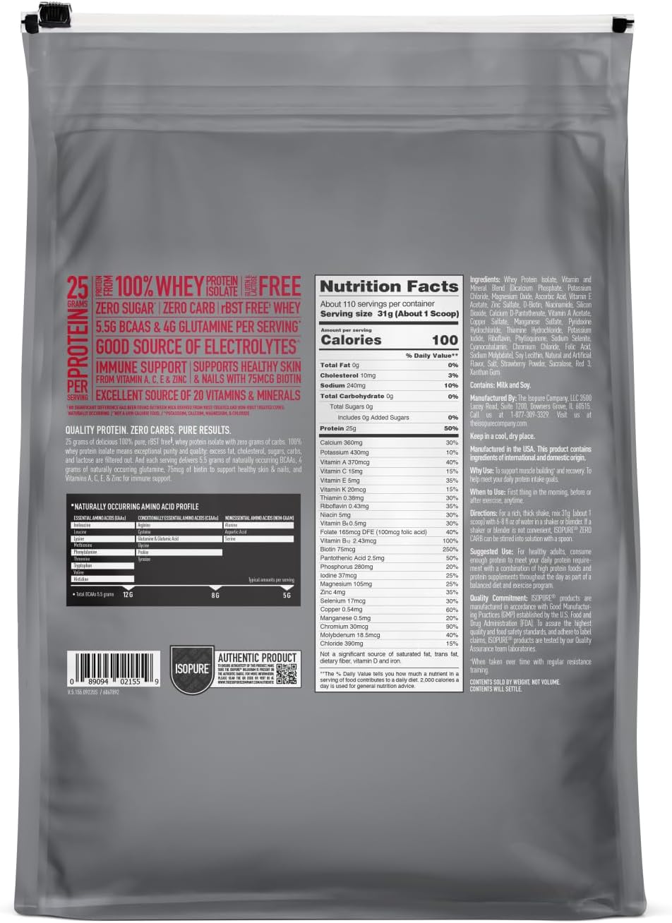 Isopure Zero Carb Whey Isolate Protein Powder - Strawberries & Cream, Lactose Free, Gluten Free, 25g Protein Per Serving, 7.5 Lbs, 110 Servings