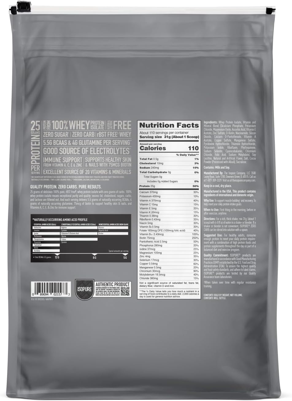 Isopure Zero Carb Whey Isolate Protein Powder, Cookies & Cream Flavor, 25g Protein, 7.5 Lbs, 110 Servings, Lactose & Gluten Free
