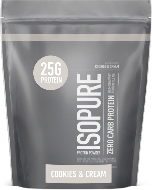 Isopure Zero Carb Whey Isolate Protein Powder, Cookies & Cream Flavor, 25g Protein, 1lb, 15 Servings, Lactose & Gluten Free