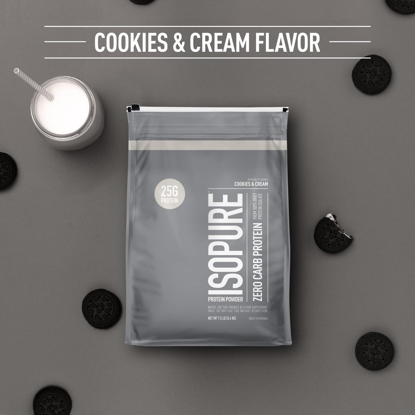 Isopure Zero Carb Whey Isolate Protein Powder, Cookies & Cream Flavor, 25g Protein, 7.5 Lbs, 110 Servings, Lactose & Gluten Free