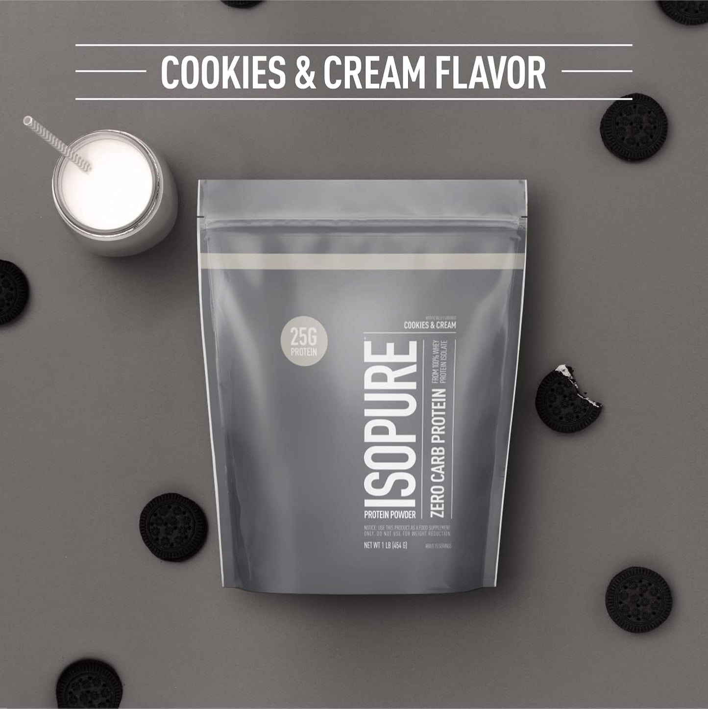 Isopure Zero Carb Whey Isolate Protein Powder, Cookies & Cream Flavor, 25g Protein, 1lb, 15 Servings, Lactose & Gluten Free