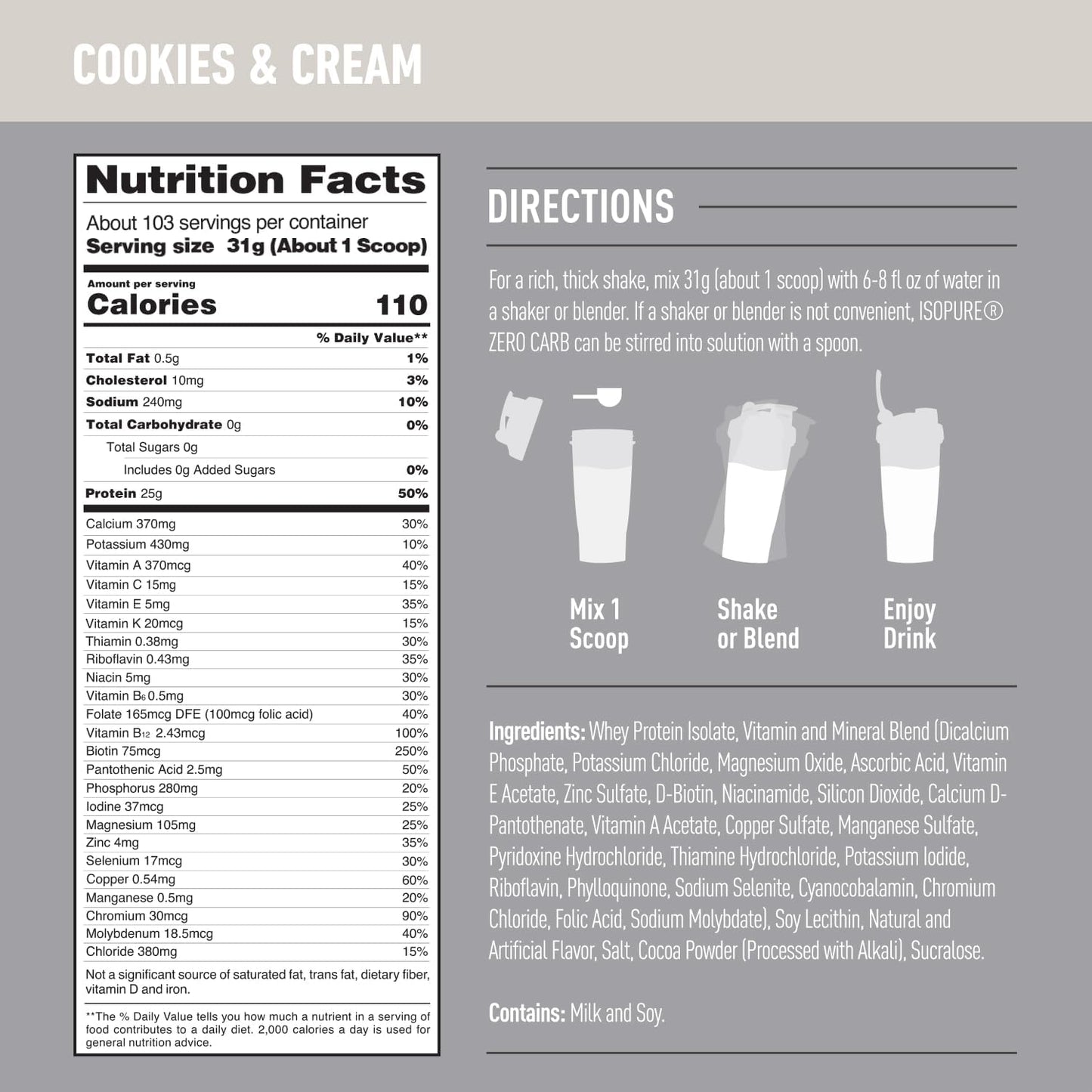 Isopure Zero Carb Whey Isolate Protein Powder, Cookies & Cream Flavor, 25g Protein, 7.5 Lbs, 110 Servings, Lactose & Gluten Free