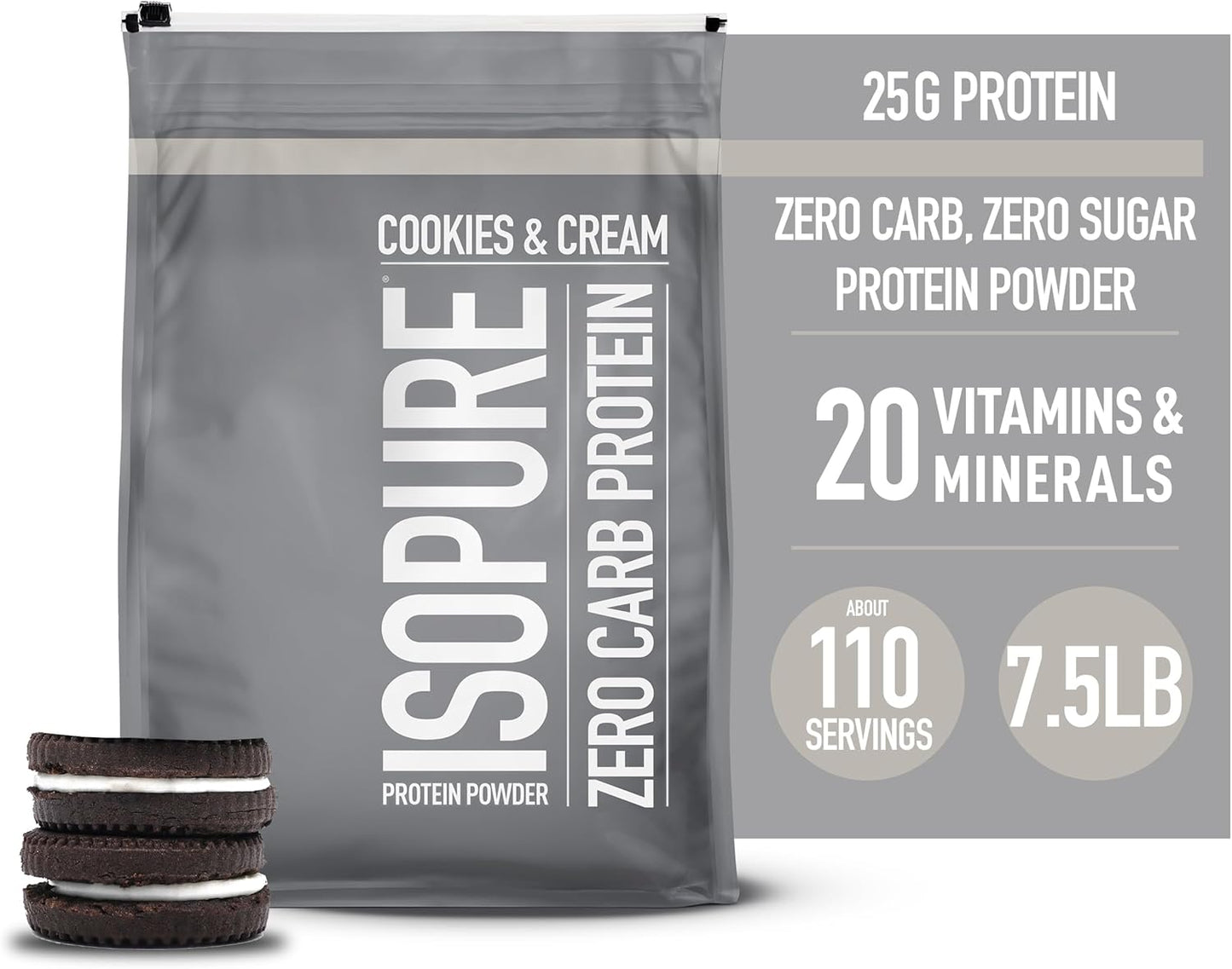 Isopure Zero Carb Whey Isolate Protein Powder, Cookies & Cream Flavor, 25g Protein, 7.5 Lbs, 110 Servings, Lactose & Gluten Free