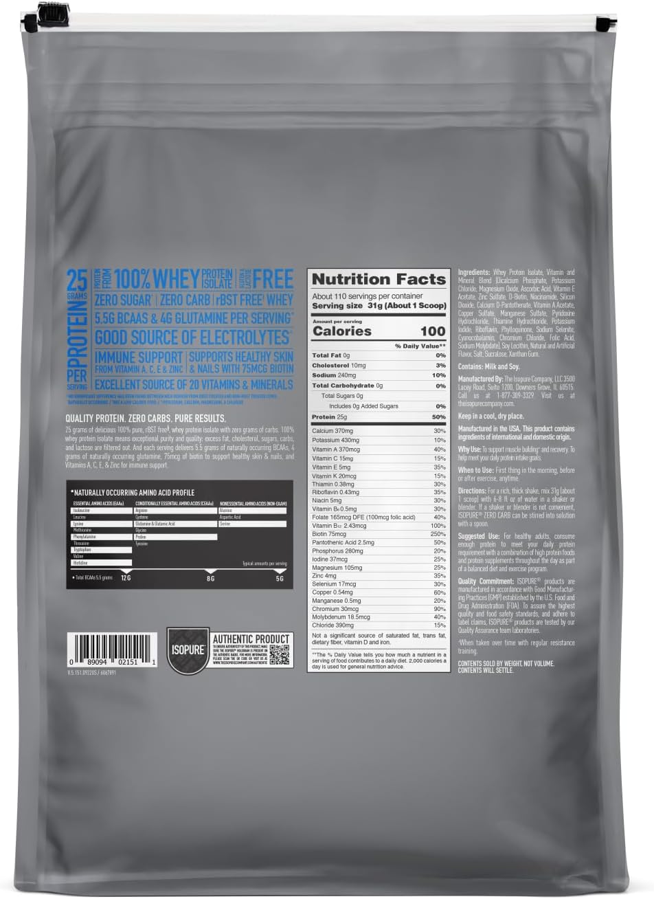 Isopure Zero Carb Whey Isolate Protein Powder, Creamy Vanilla Flavor, Lactose & Gluten Free, 25g Protein Per Serving - 7.5lbs