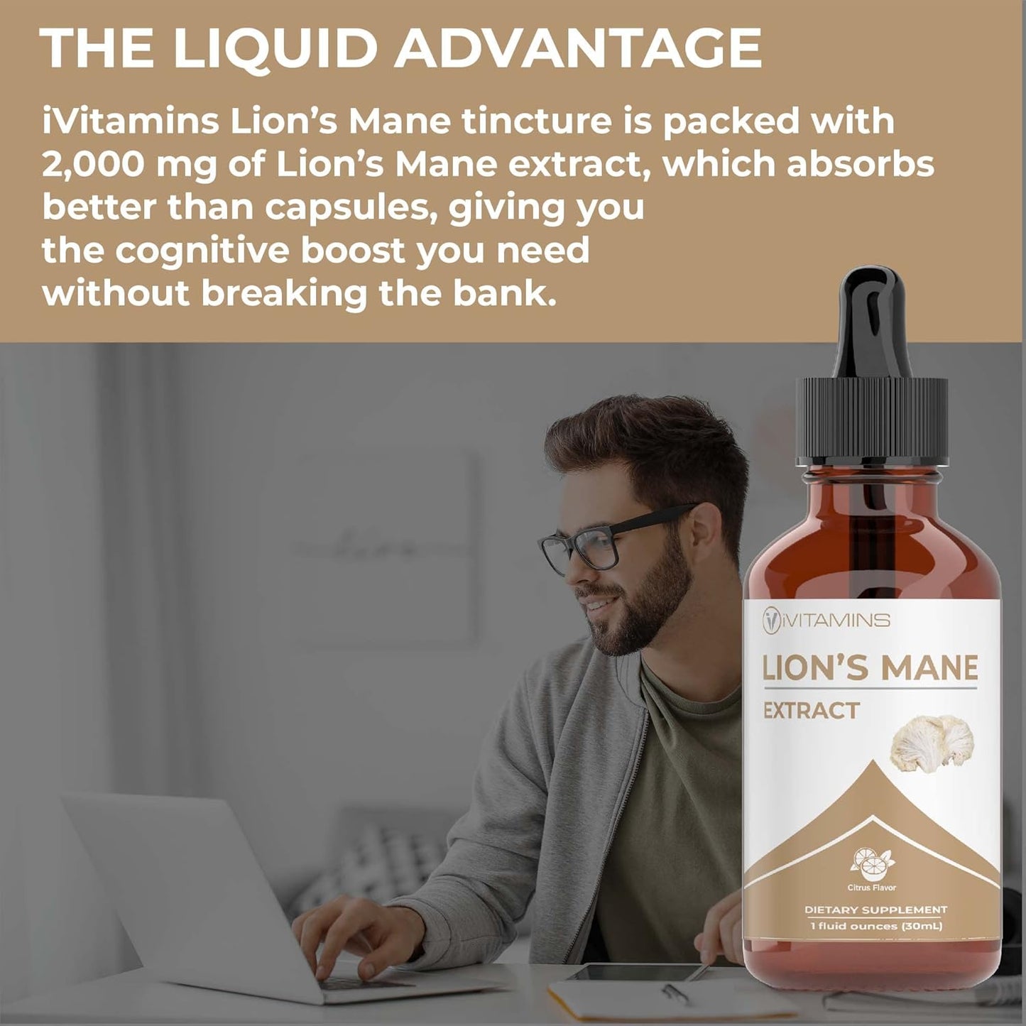 iVitamins Lions Mane Liquid Supplement for Memory, Focus & Clarity - Lion’s Mane Tincture - Nootropic Brain Support - 2 Pack