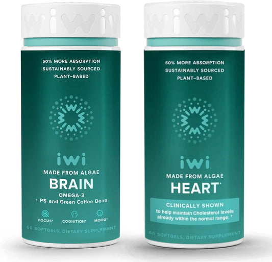 Iwi Life Brain & Heart Omega-3 Bundle - 30 Servings of Vegan Plant-Based Algae Omega 3 Supplement
