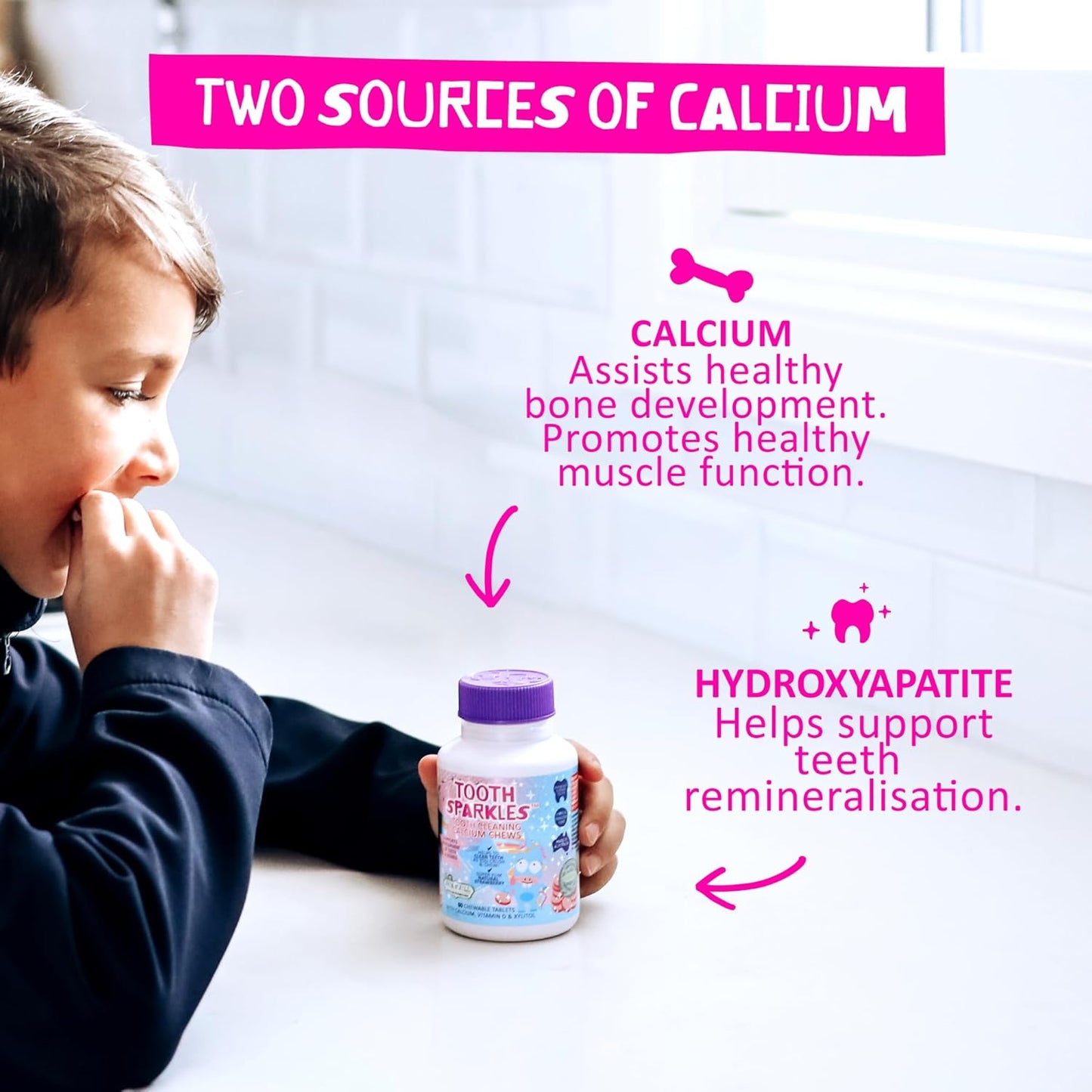 Jack N' Jill Tooth Sparkles - Calcium Chews for Teeth & Bone Health, Natural Strawberry Flavor, Xylitol, Vitamin D, Calcium, 60 Tablets