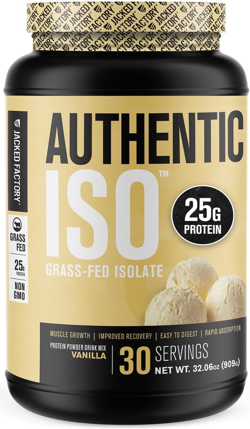 Jacked Factory Grass Fed Whey Protein Isolate Powder - Low Carb, Non-GMO Muscle Building Protein for Post Workout Recovery - Vanilla, 2LB
