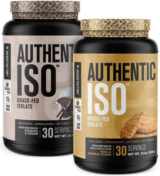 Jacked Factory Grass Fed Whey Protein Isolate Powder - Low Carb, Non-GMO Muscle Building Protein with No Fillers - Cookies & Cream and Vanilla Oatmeal Cookie Flavors - 30 Servings
