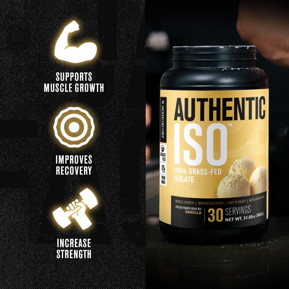 Jacked Factory Grass Fed Whey Protein Isolate Powder - Low Carb, Non-GMO Muscle Building Protein for Post Workout Recovery - Vanilla, 2LB