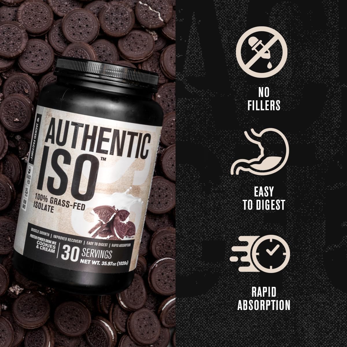 Jacked Factory Grass Fed Whey Protein Isolate Powder - Low Carb, Non-GMO Muscle Building Protein with No Fillers - Cookies & Cream and Vanilla Oatmeal Cookie Flavors - 30 Servings