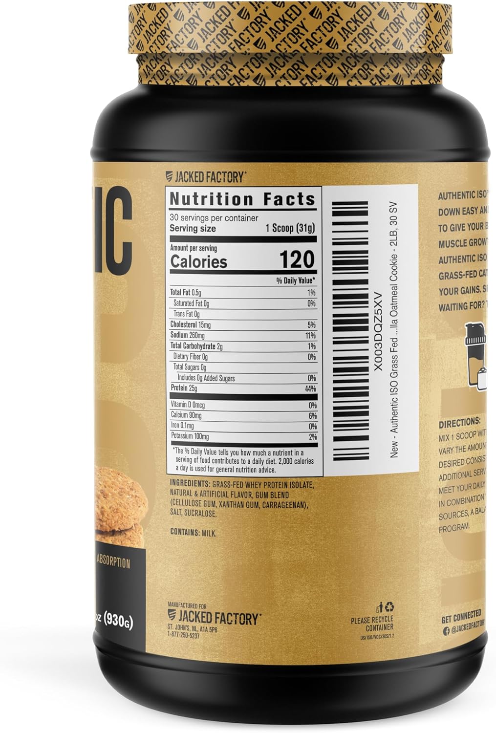 Jacked Factory Grass Fed Whey Protein Isolate Powder - Low Carb, Non-GMO Muscle Building Protein with No Fillers - Cookies & Cream and Vanilla Oatmeal Cookie Flavors - 30 Servings