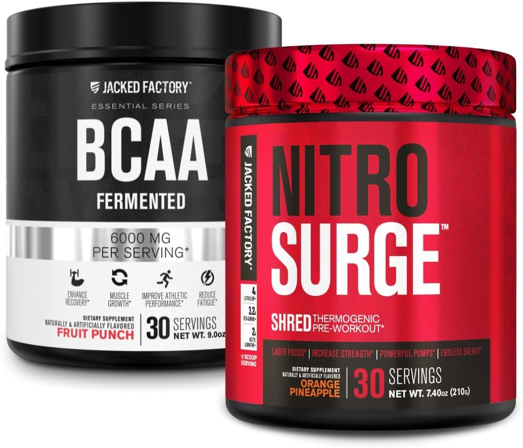 Jacked Factory Nitrosurge Shred Thermogenic Pre-Workout & BCAA Combo for Body Recomposition and Muscle Recovery in Orange Pineapple and Fruit Punch Flavors