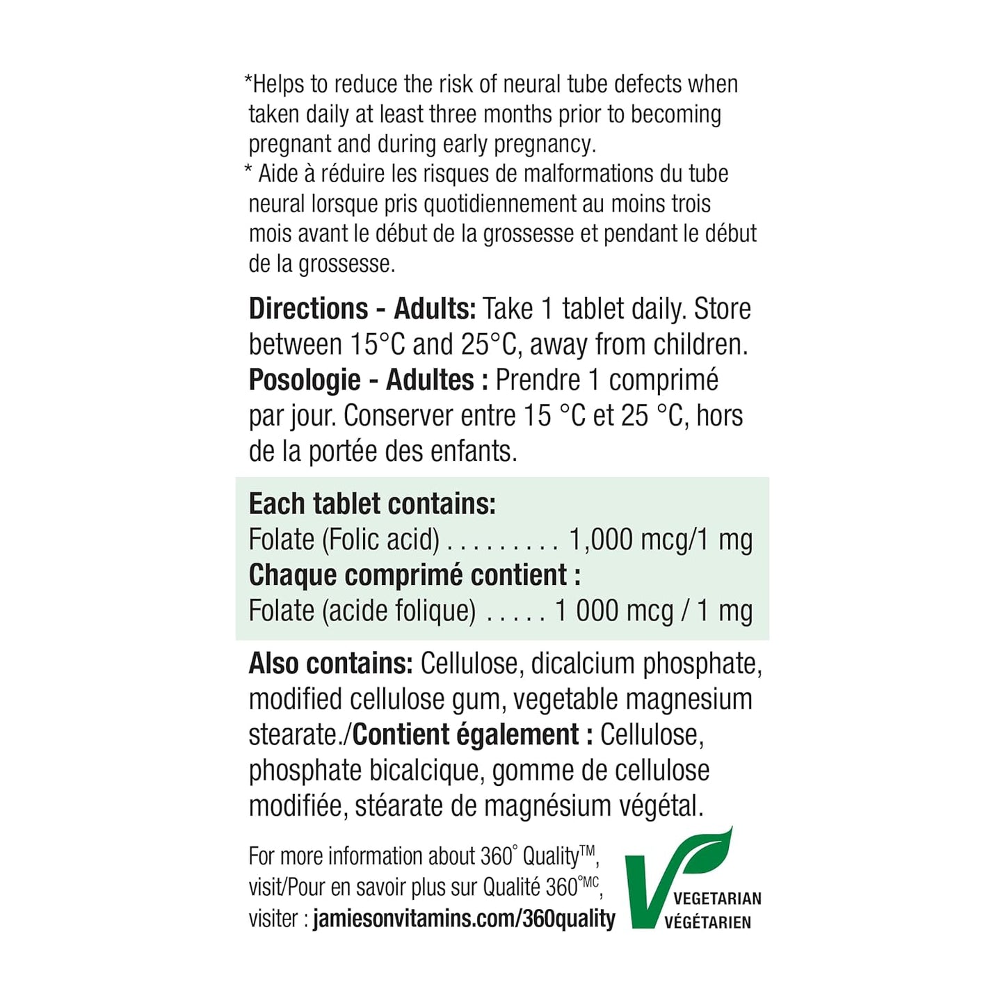 Jamieson Folic Acid Tablets - 1mg, 100 Count Bottle