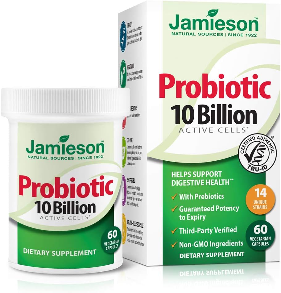 Jamieson Probiotics 10 Billion - Daily Digestive Health Supplement for Men and Women - Supports Gut Health and Immune System (60 Capsules)