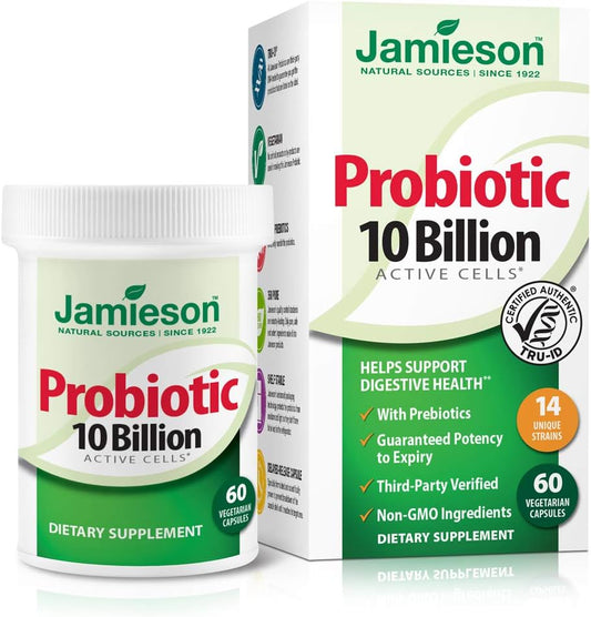 Jamieson Probiotics 10 Billion - Daily Digestive Health Supplement for Men and Women - Supports Gut Health and Immune System (60 Capsules)