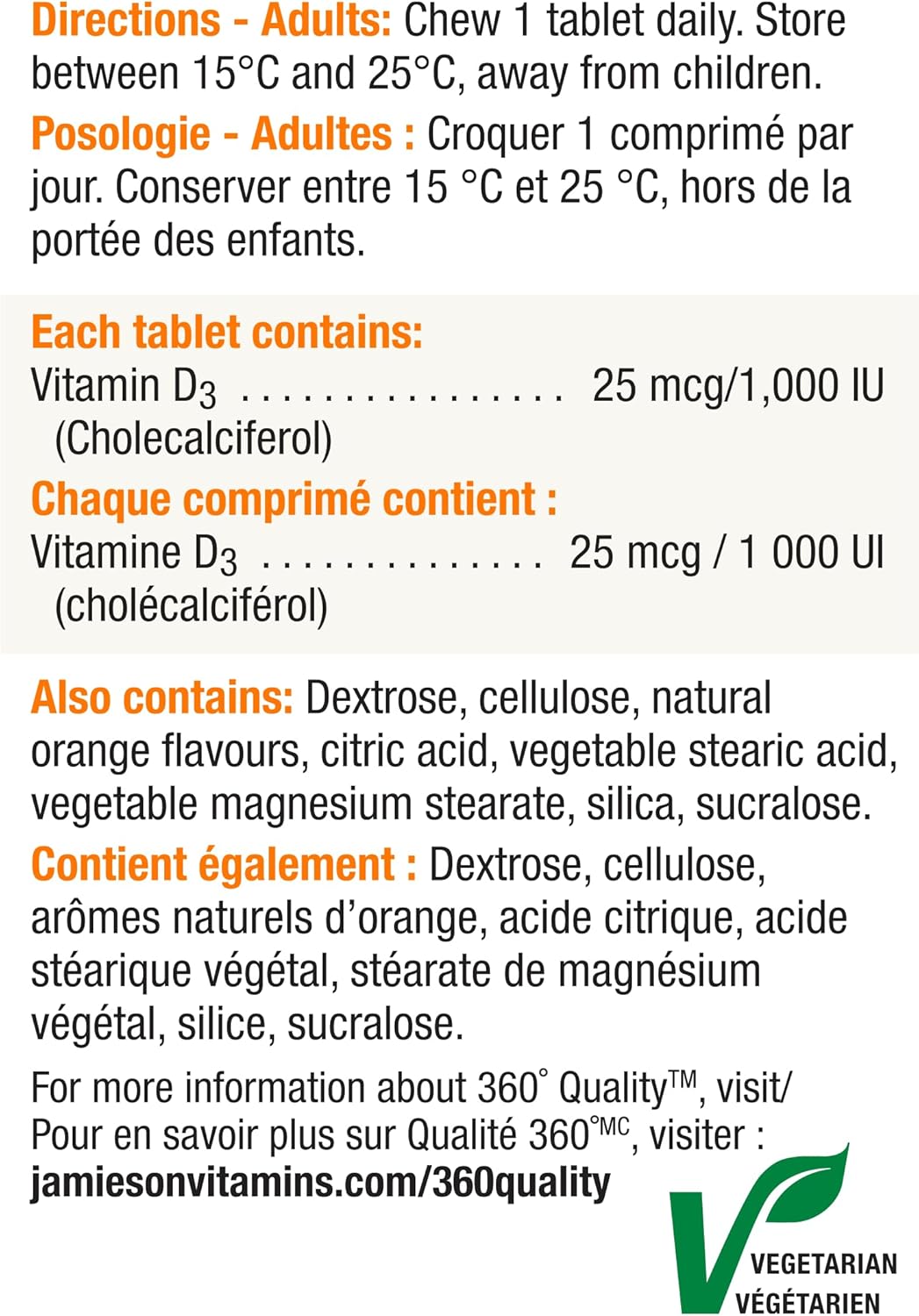 Jamieson Tangy Orange Vitamin D 1000IU Chewable Tablets - 100 Count
