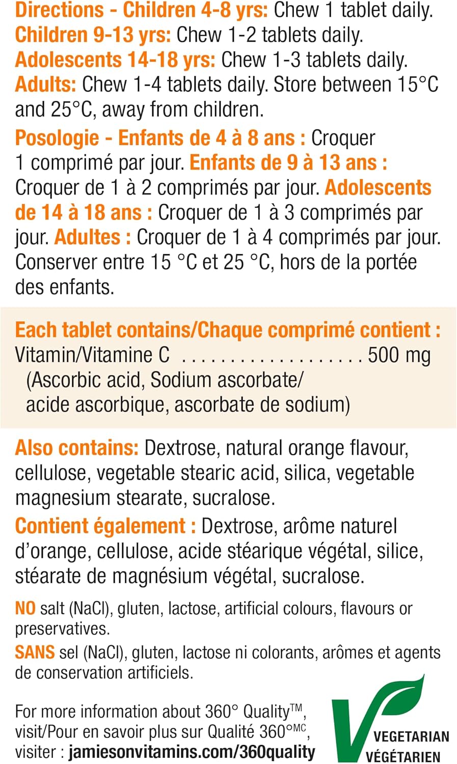 Jamieson Vitamin C Orange 500mg Tablets - 120 Count for Immune Support and Wellness
