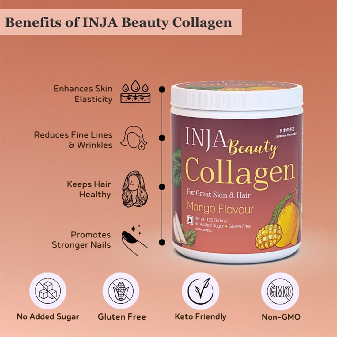 Japanese Formulated INJA Wellness Beauty Marine Collagen Supplement with Vitamin C for Healthy Joints, Muscles, Skin & Hair - 125gm Mango Flavor, Sugar & Gluten Free - Men & Women