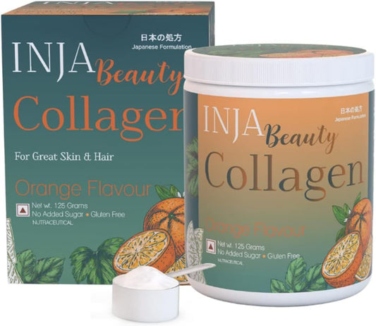 Japanese Formulated INJA Wellness Marine Collagen Powder with Vitamin C, Orange Flavor - 125g for Skin and Hair, Sugar-Free & Gluten-Free