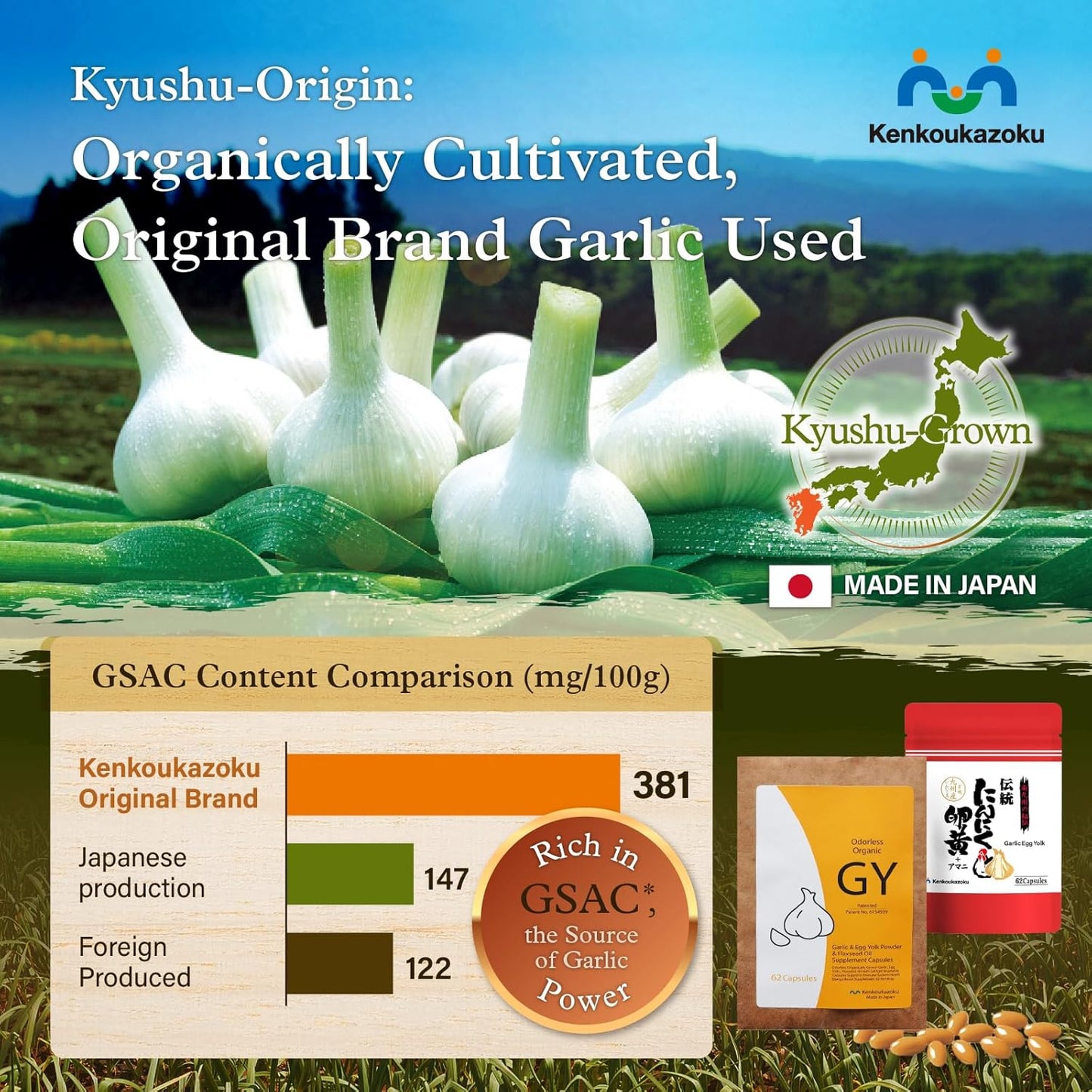 Japanese Kenkoukazoku Odorless Garlic Capsules with Allicin - 62 Count Bottle
