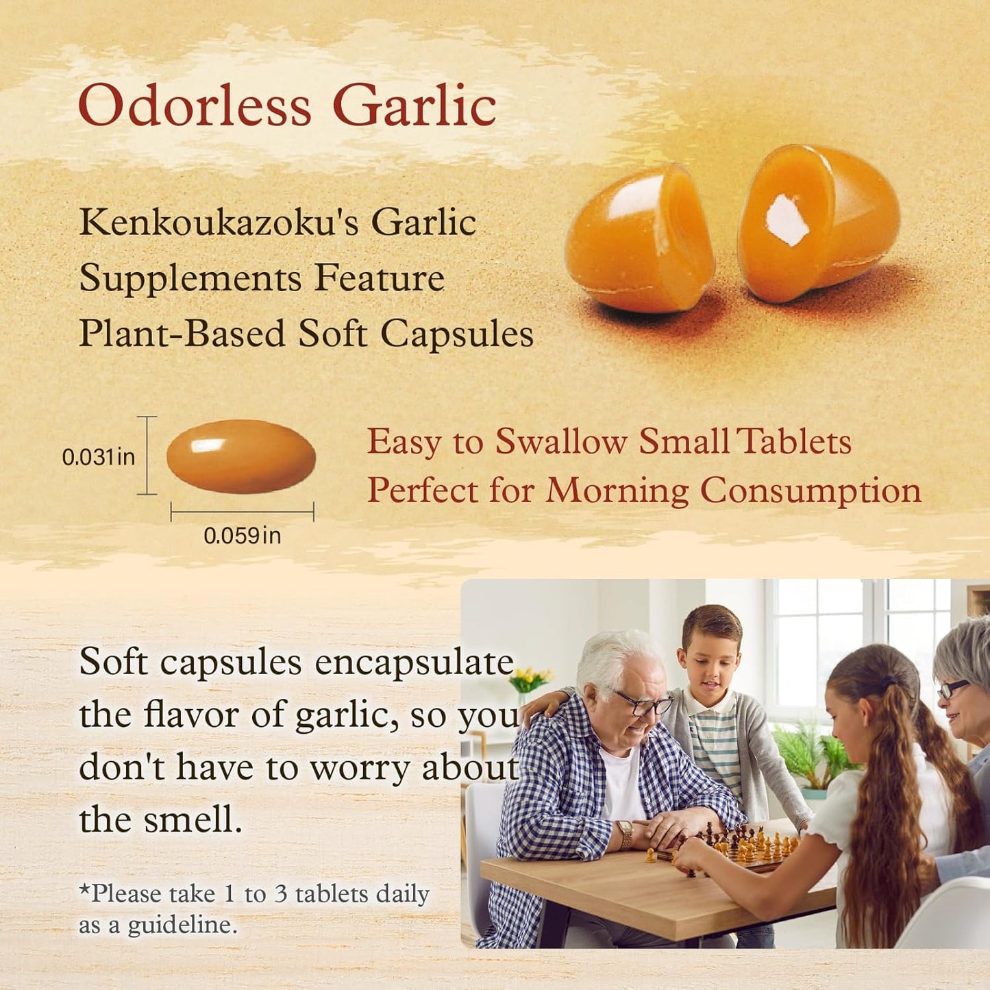 Japanese Kenkoukazoku Odorless Garlic Capsules with Allicin - 62 Count Bottle