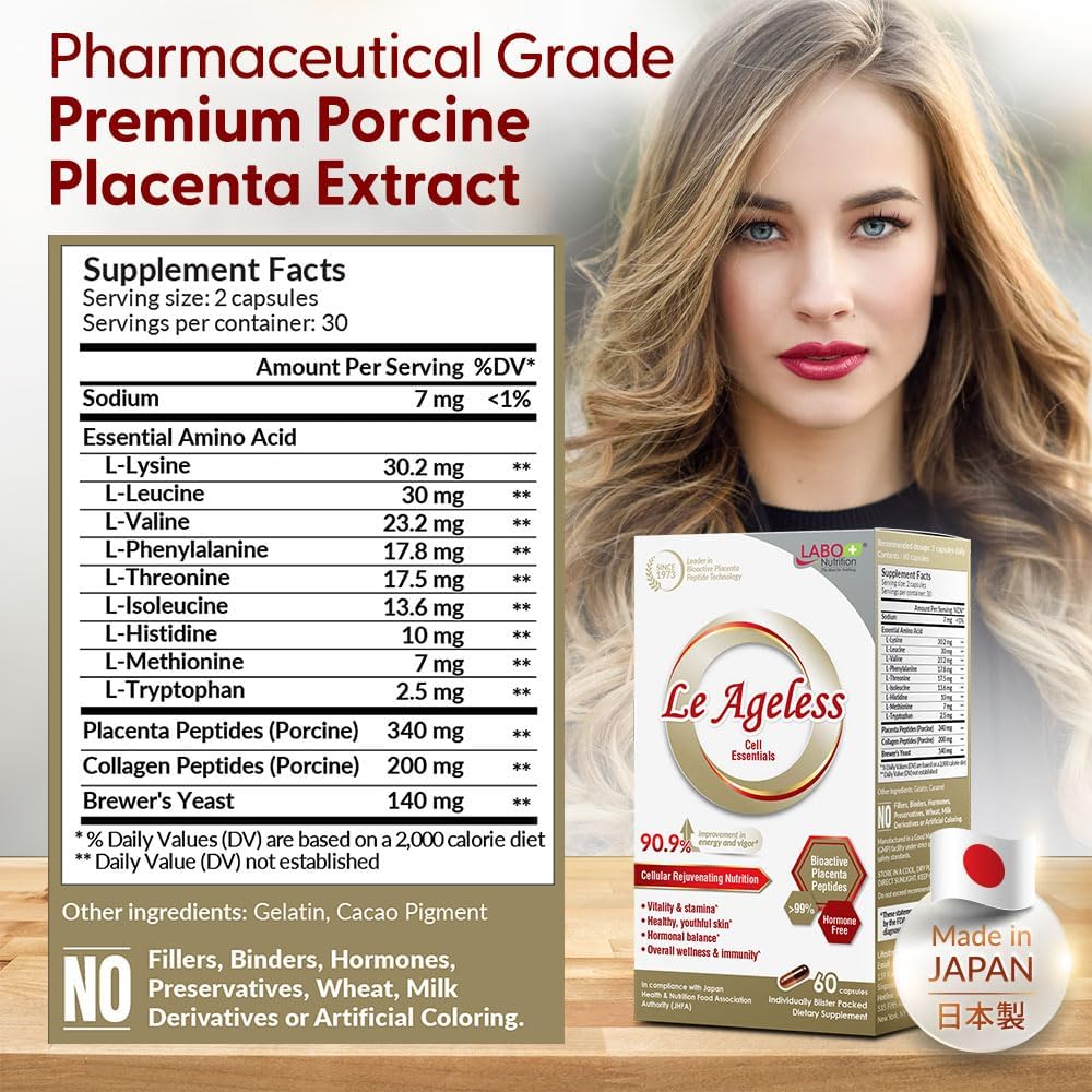 Japanese Placenta Cell Rejuvenating Therapy with Collagen Peptide and Brewer’s Yeast - Supports Immune Health, Skin Regeneration, Anti-Aging - 180 Capsules