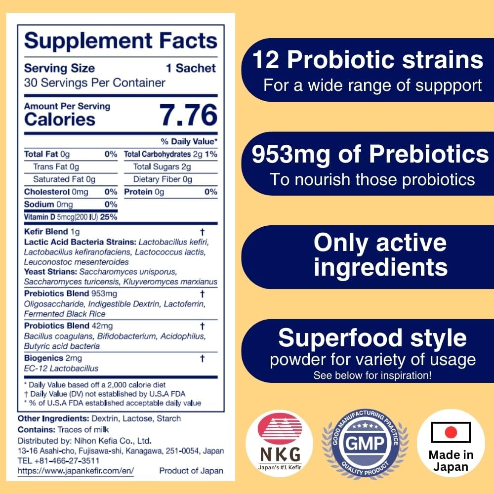 Japanese Probiotic Supplement with Kefir Probiotics Mix, Lactoferrin, Bifidobacterium - 30ct for Gut Health, Digestion, Immune Boost