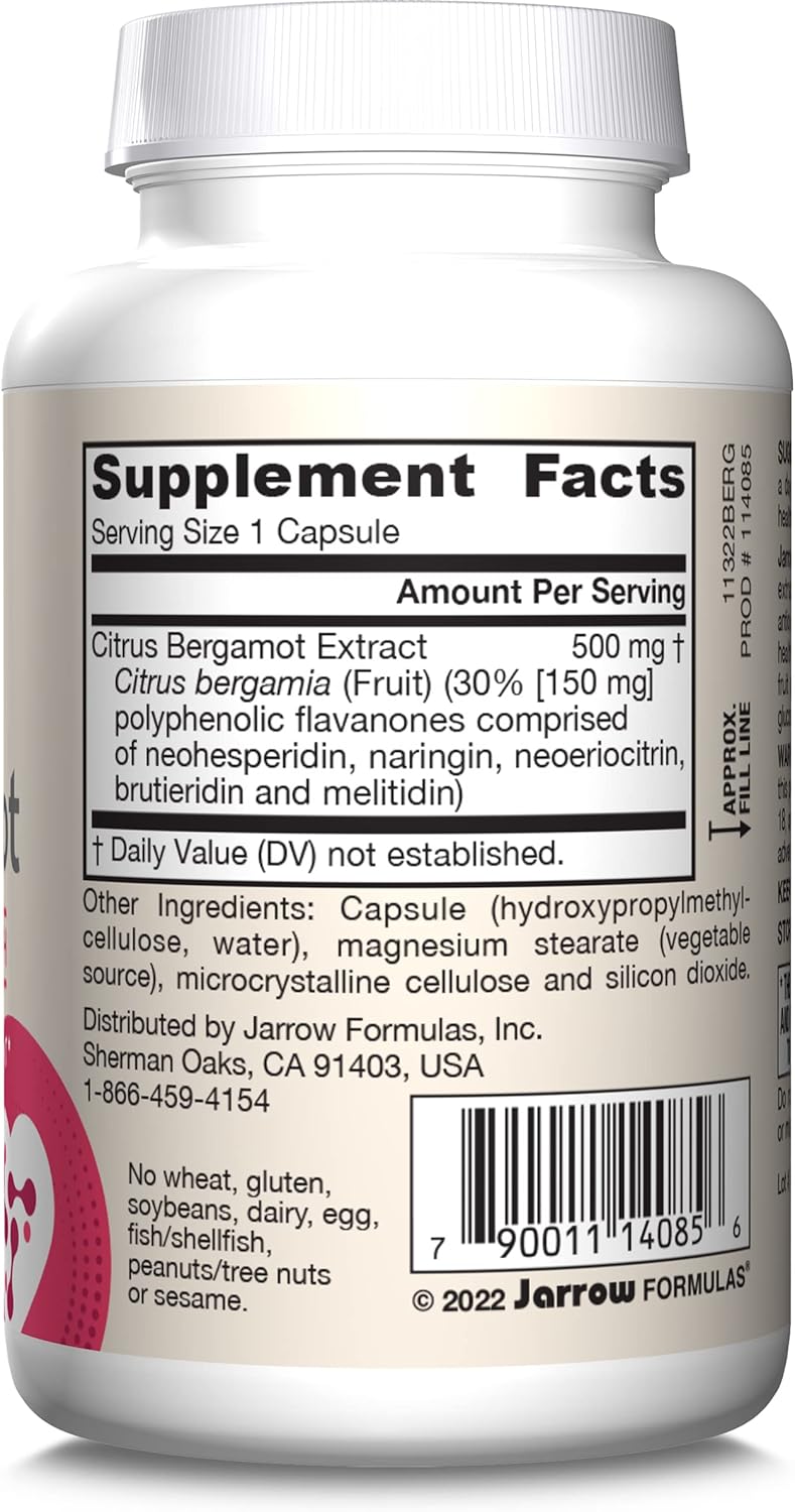 Jarrow Formulas Citrus Bergamot 500 mg - Antioxidant Support for Heart Health - 60 Servings - Gluten Free Dietary Supplement with QH-absorb - BoostGo Australia