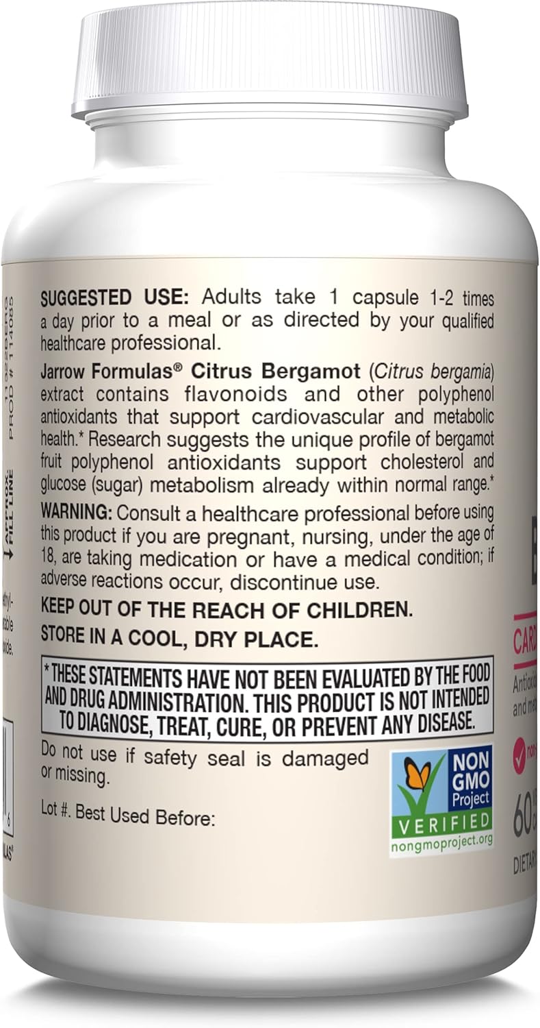 Jarrow Formulas Citrus Bergamot 500 mg - Antioxidant Support for Heart Health - 60 Servings - Gluten Free Dietary Supplement with QH-absorb - BoostGo Australia