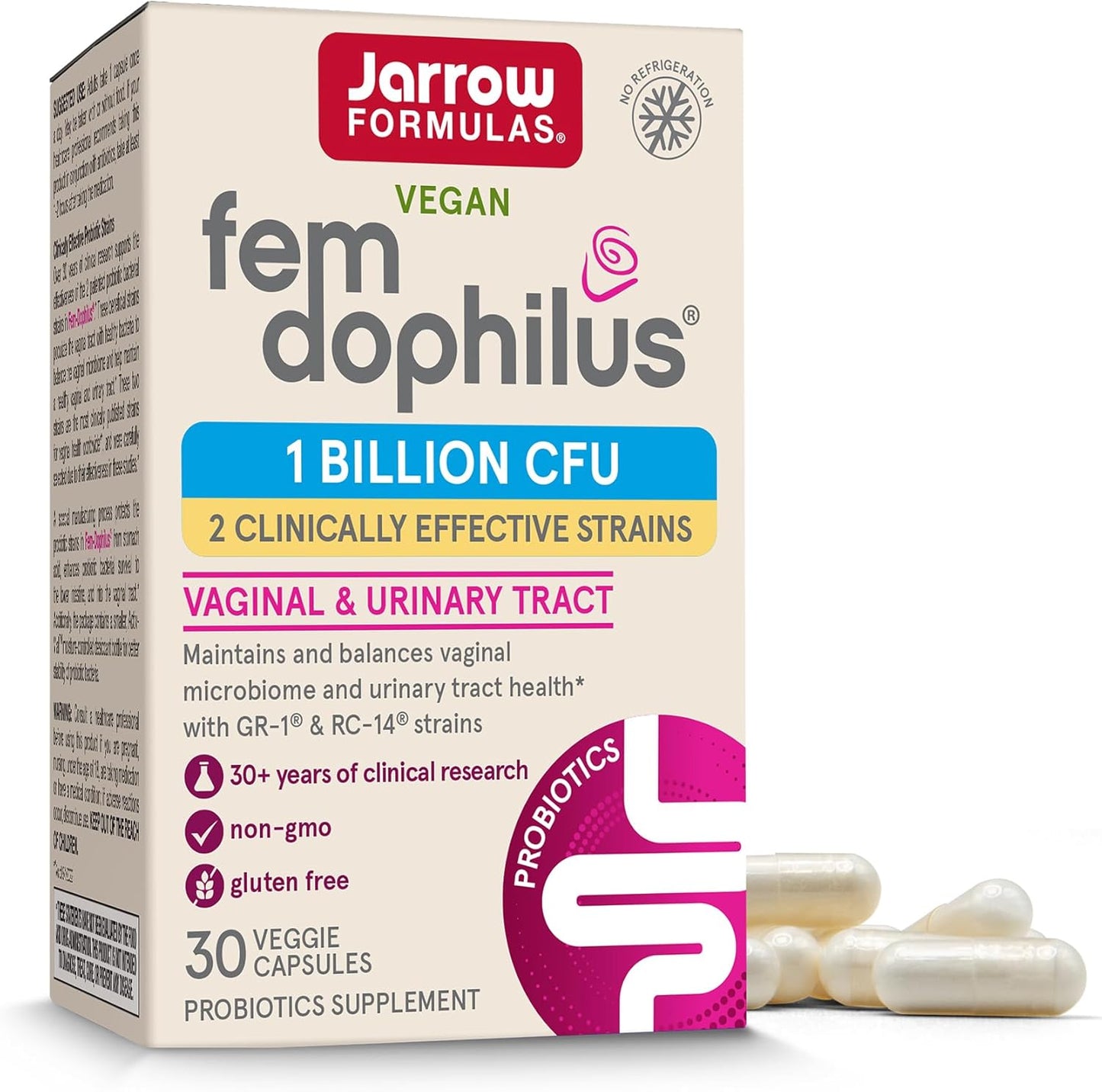 Jarrow Formulas Fem-Dophilus Probiotics: 1 Billion CFU, 2 Strains, Vaginal & Urinary Tract Support, 30 Capsules